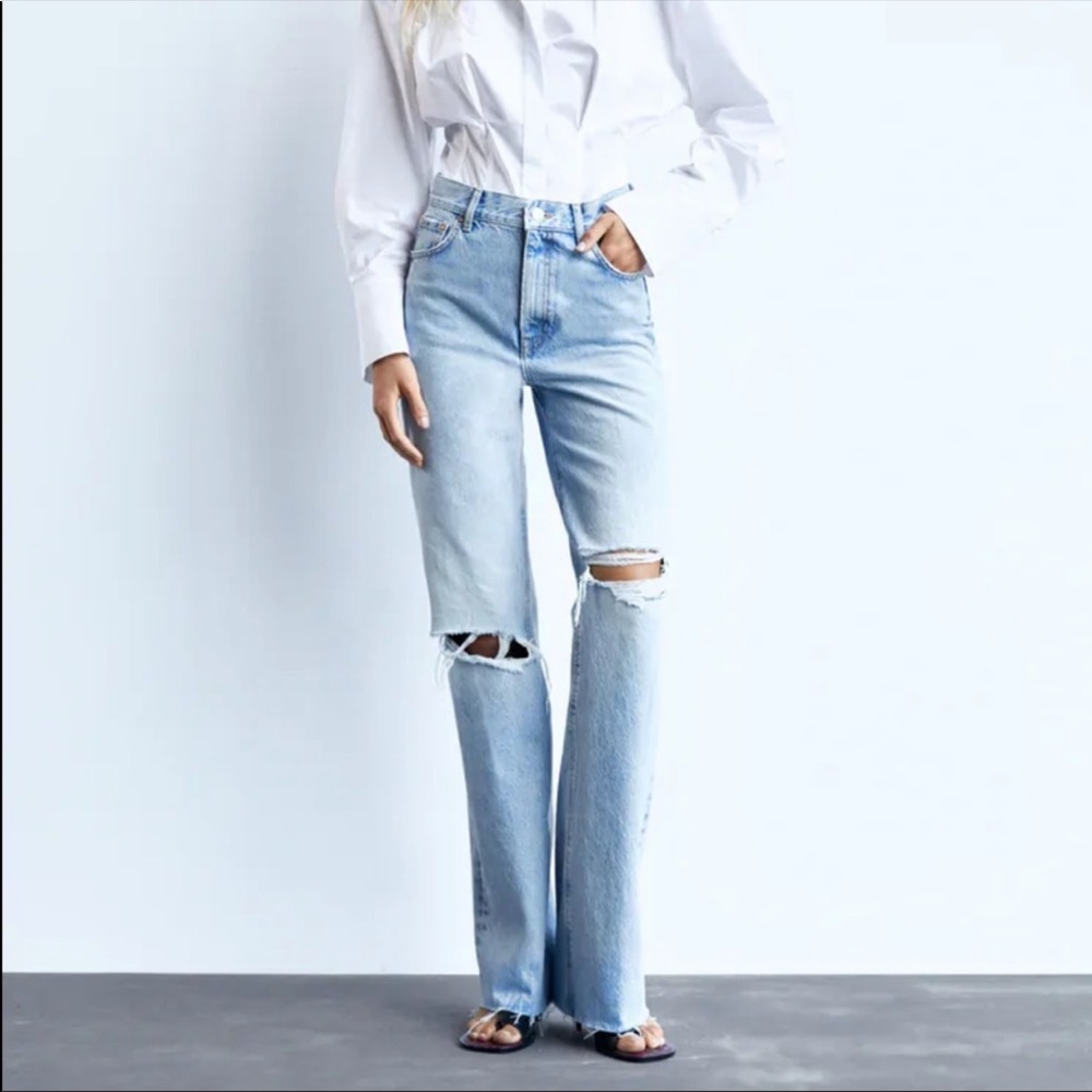 ZARA HI-RISE WIDE LEG DISTRESSED JEANS